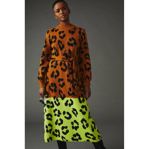 Farm Rio x Anthropologie Colorblock Sweater Dress animal print neon women sz XL - Picture 1 of 9
